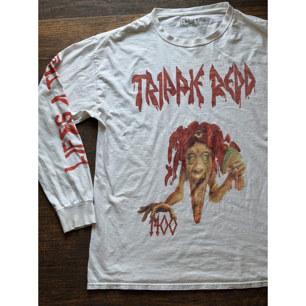 Men's Trippie Redd T-Shirt White Logo Long Sleeve L Tour Rap Hip Hop Myth STAIN